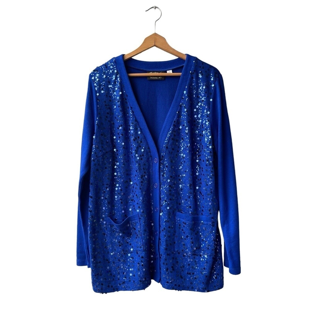 Bob Mackie's Cardigan Sequin Front Pocket V-neck Long Sleeve Royal Blue Size L